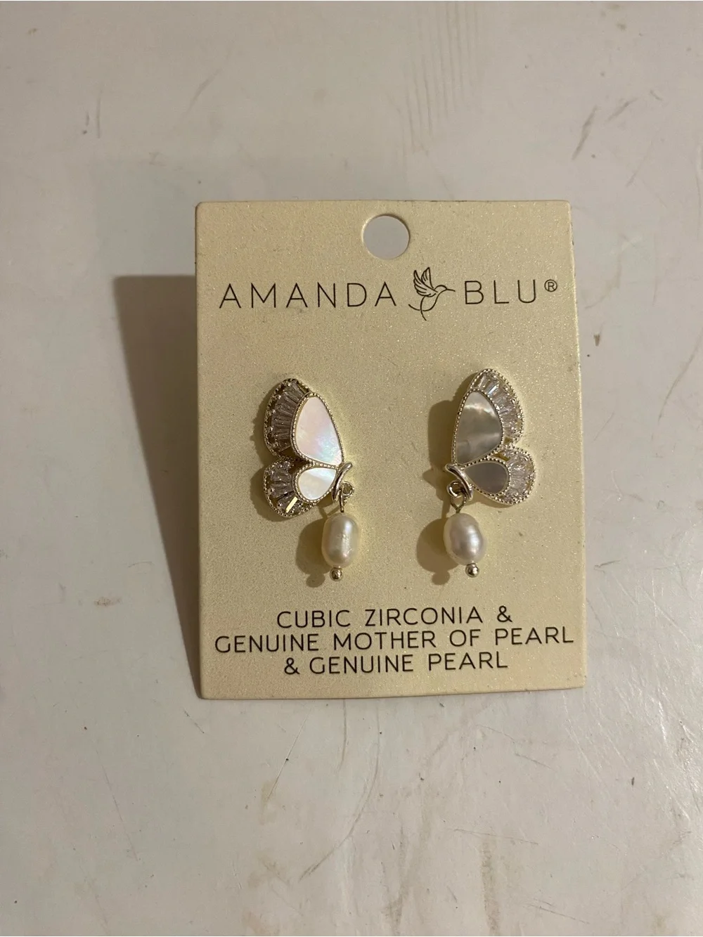 Amanda Blu Cubic Zirconia & Genuine Mother of Pearl Butterfly Post Earrings (RR) - Picture 3 of 7